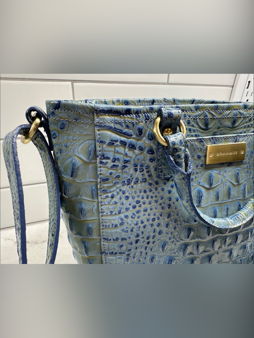 Brahmin Mini Arno Pool Glossy Croc-Embossed Leather Satchel with Gold Hardware - Picture 7 of 8